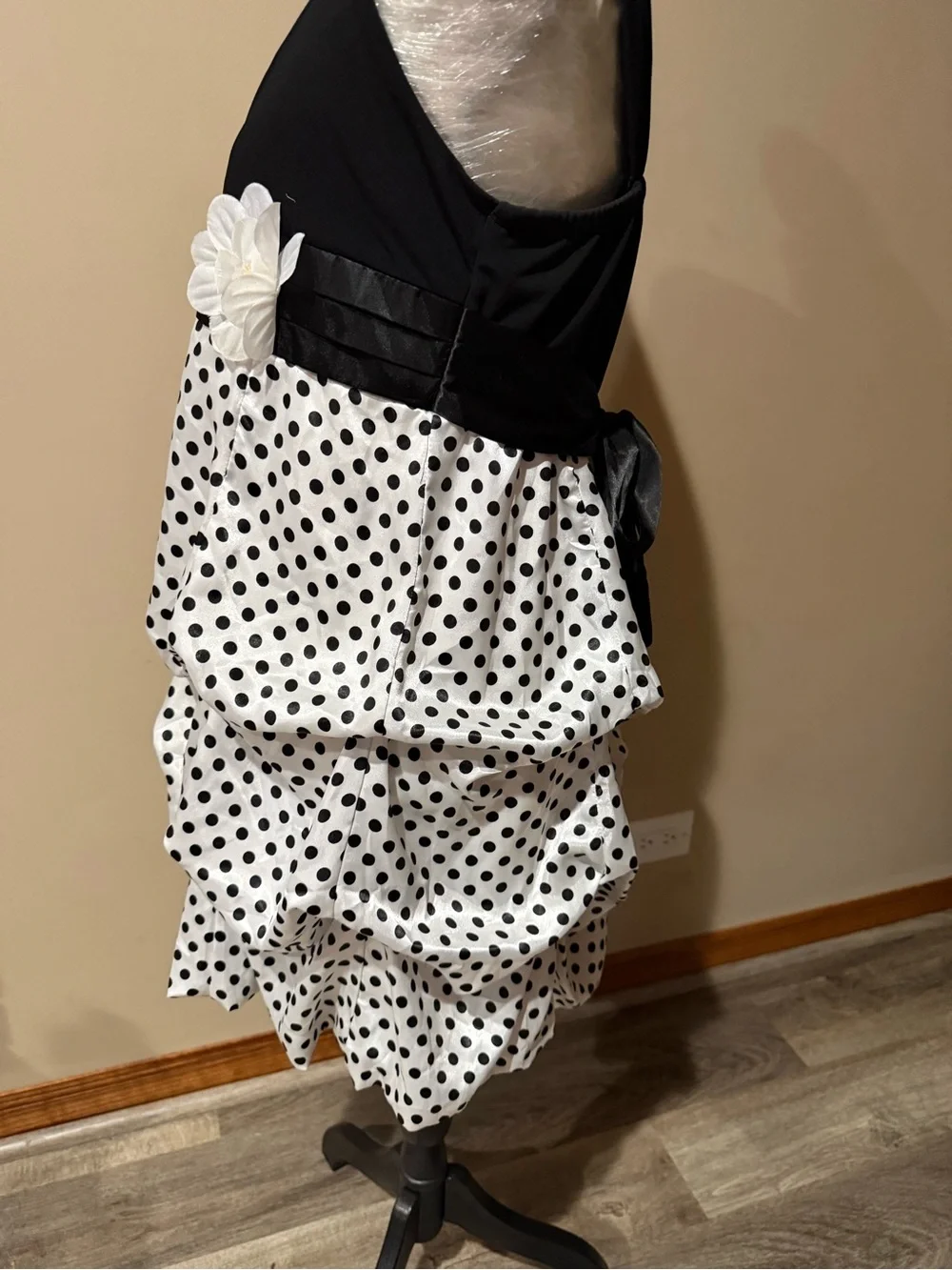 Iz Byer Black and White Polka Dot Bubble Hem Formal Dress